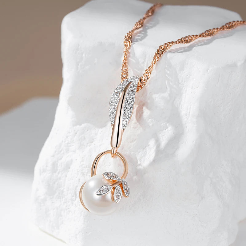Hot Crystal Flower Pearl Pendant Necklace for Women 585 Rose Gold Silver Color Mix Boho Ethnic Wedding Jewelry Gift
