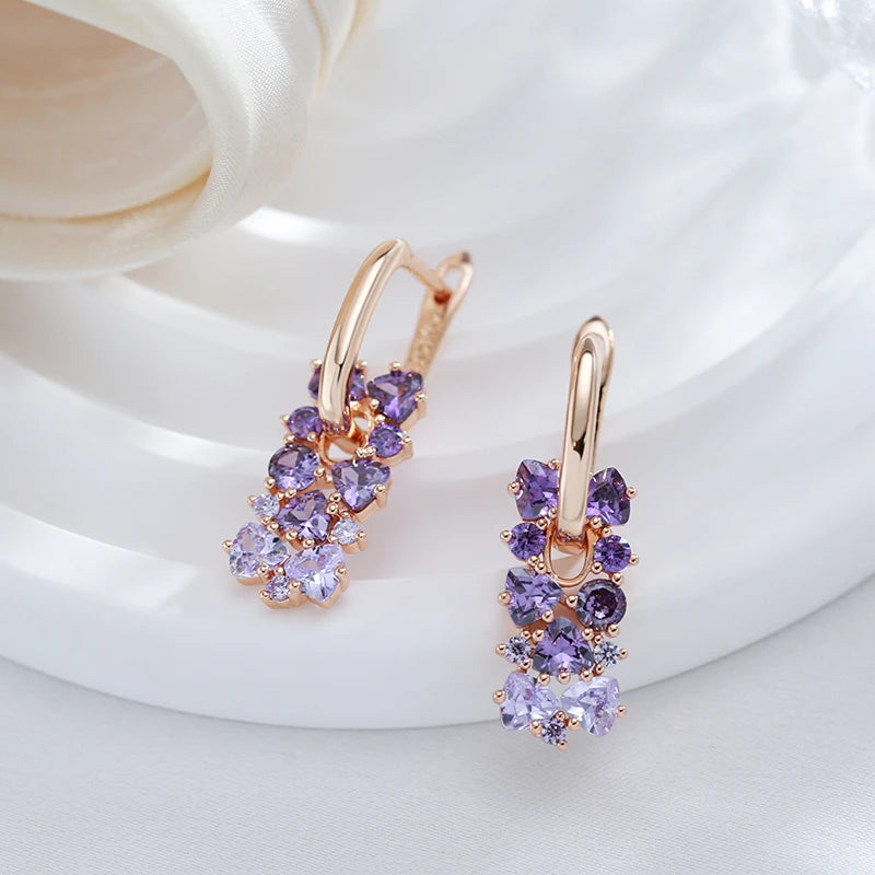 Hot Shiny Purple Natural Zircon Drop Earrings for Women Trend 585 Rose Gold Color Bride Wedding Fine Jewelry Crystal Gift