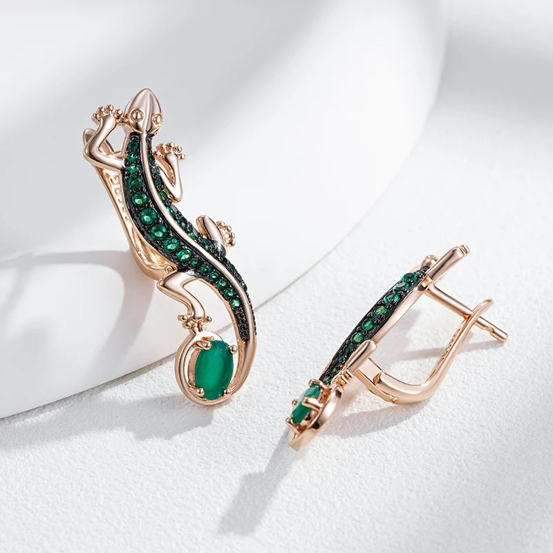 Green Natural Zircon Lizard Drop Earrings for Women 585 Rose Gold and Black Plating Vintage Animal Daily Punk Jewelry