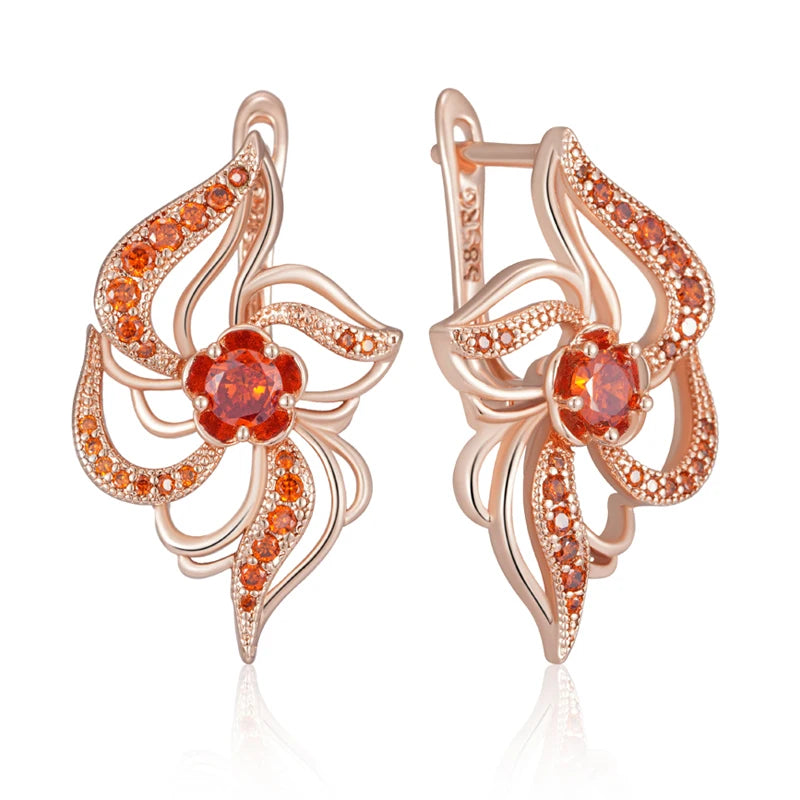 FLAMES Red Natural Zircon Crystal Flower Earrings for Women Fashion 585 Rose Gold Color Daily Fine Jewelry