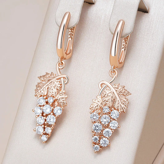 Grapes Long Drop Earring for Women 585 Rose Gold Color Unique Crystal Grape Daily Vintage Jewelry