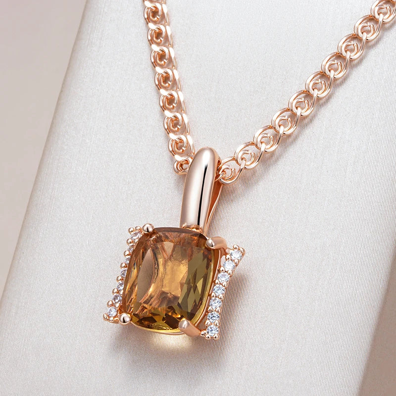 Hot Big Brown Natural Zircon Pendant Necklace for Women Fashion 585 Rose Gold Color High Quality Bride Wedding Jewelry