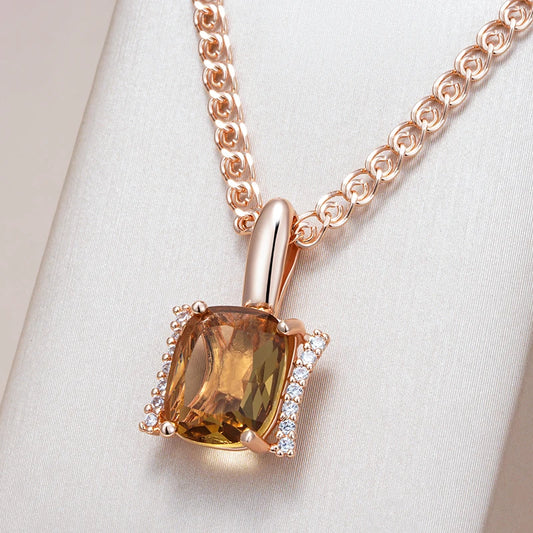 Hot Big Brown Natural Zircon Pendant Necklace for Women Fashion 585 Rose Gold Color High Quality Bride Wedding Jewelry