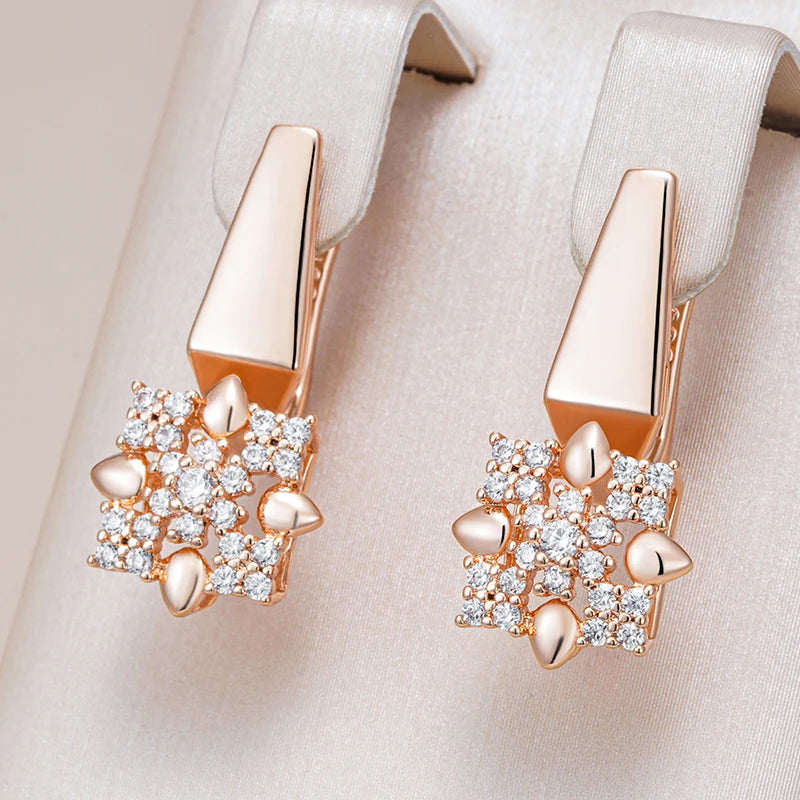 Hot 585 Rose Gold Color Crystal Flower Drop Earrings Pendant for Women Natural Zircon Accessories Daily Fine Jewelry Sets