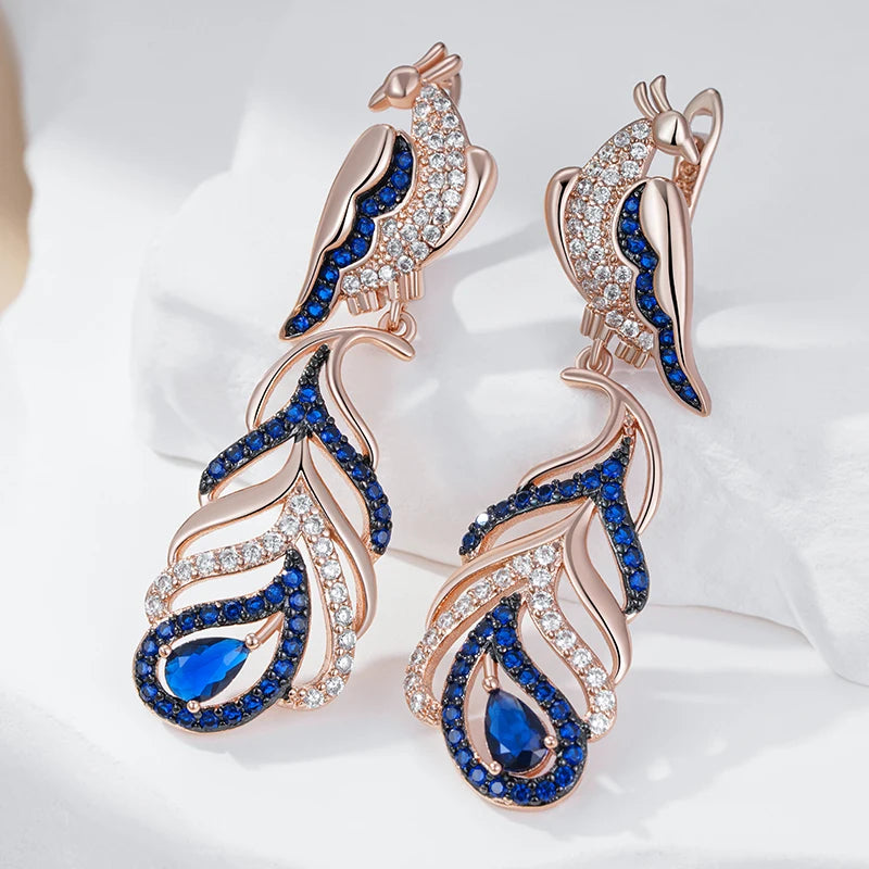 Hot Blue Natural Zircon Peacock Drop Earrings for Women 585 Rose Gold and Black Plating Vintage Animal Daily Punk Jewelry