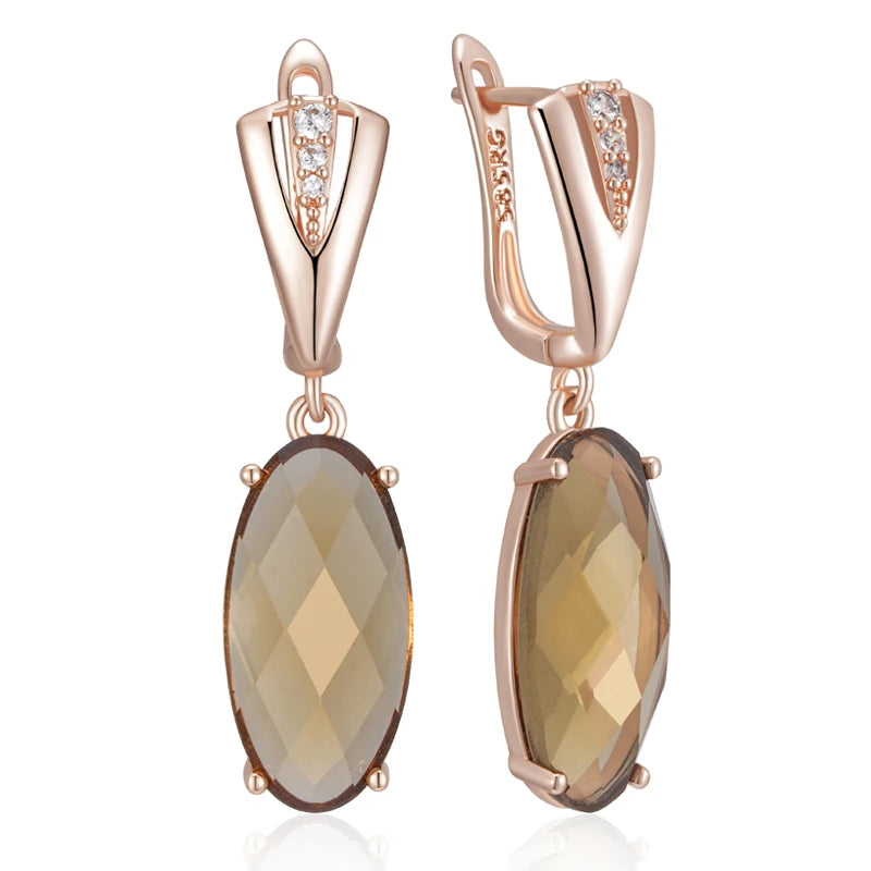 Fashion Big Oval Brown Natural Zircon Dangle Earrings for Women Simple 585 Rose Gold Color Bride Wedding Fine Jewelry