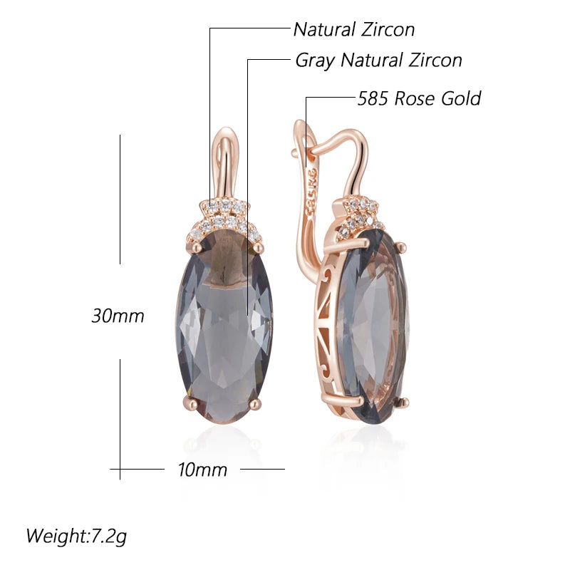 Grey Oval Drop Dangle Earrings for Women 585 Rose Gold Color with Natural Zircon High Quality Daily Fine Jewelry