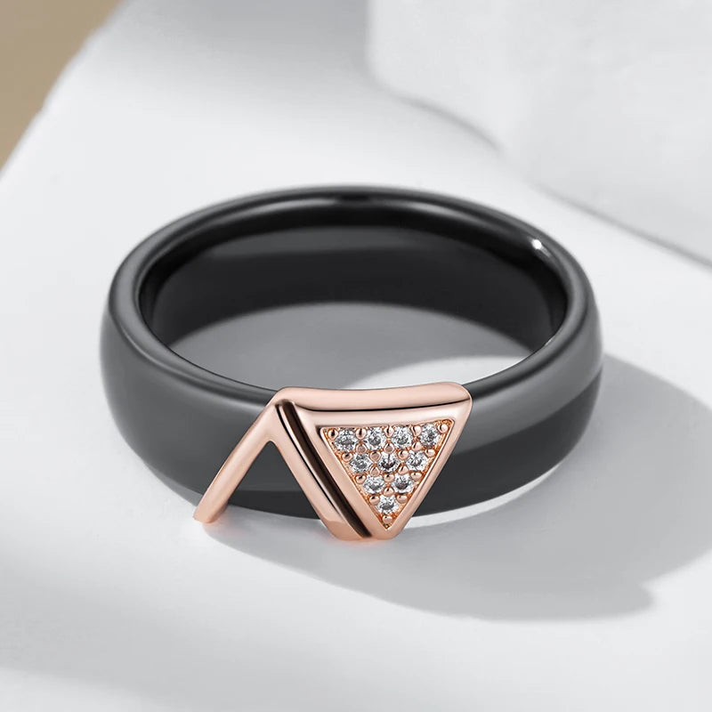 Hot 585 Rose Gold Color Black Ceramics Rings for Women Shiny Natural Zircon Accessories High Quality Daily Fine Jewelry