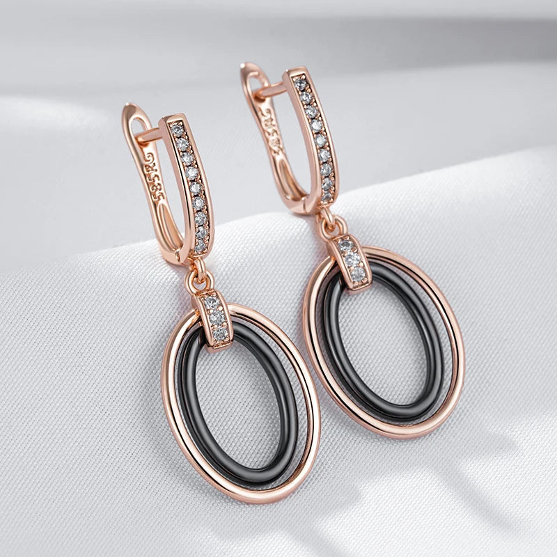 Black Oval Ceramics Long Drop Earrings for Women 585 Rose Gold Color Natural Zircon Accessories Daily Fine Jewelry