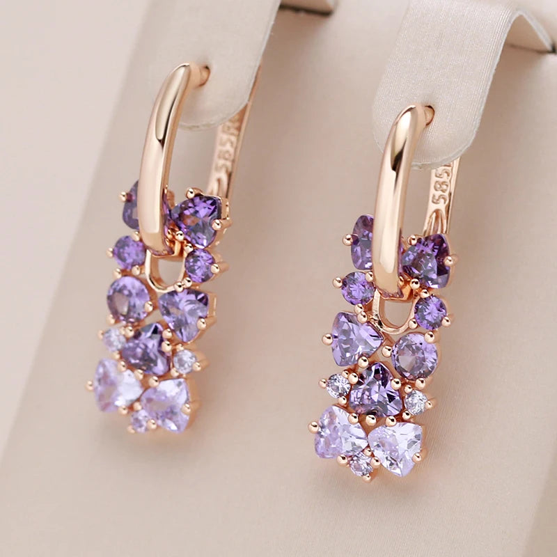 Hot Shiny Purple Natural Zircon Drop Earrings for Women Trend 585 Rose Gold Color Bride Wedding Fine Jewelry Crystal Gift