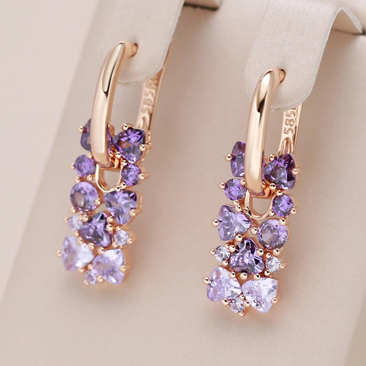 Hot Shiny Purple Natural Zircon Drop Earrings for Women Trend 585 Rose Gold Color Bride Wedding Fine Jewelry Crystal Gift