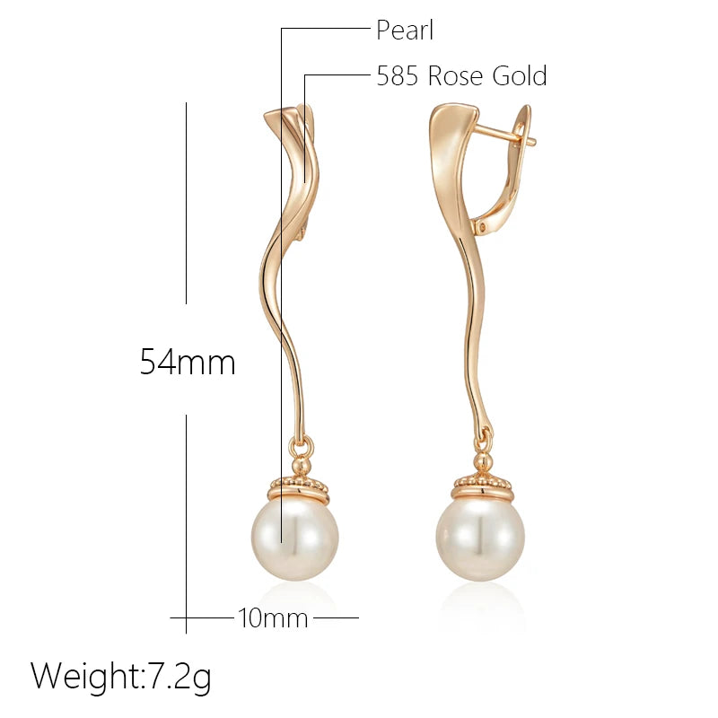 Long Wave Pearl Drop Earrings for Women Luxury 585 Rose Gold Color Accessories Party Daily Fine Jewelry