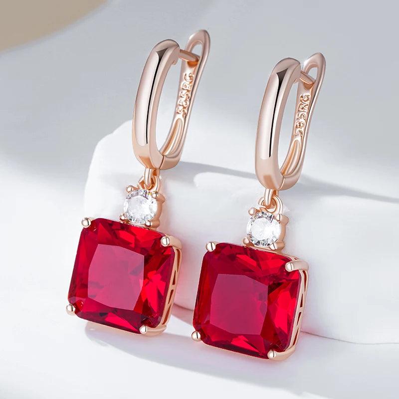 Hot Square Red Natural Zircon Dangle Earrings for Women Trend 585 Rose Gold Color Retro Accessories Daily Fine Jewelry