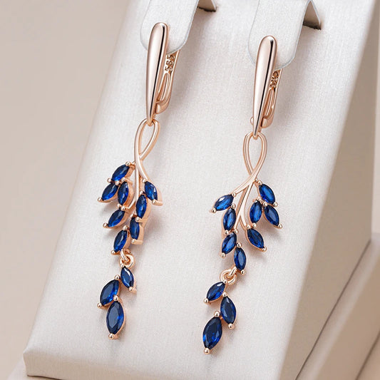 Blue Natural Zircon Leaf Shape Long Dangle Earrings for Women Fashion 585 Rose Gold Color High Quality Daily Jewelry