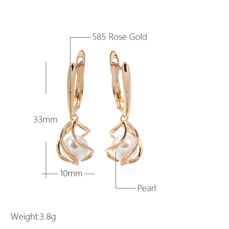 Luxury 585 Rose Gold Drop Earrings for Women Unique Geometric Hollow Pearl Bridal Earrings Wedding Jewelry 2022 New