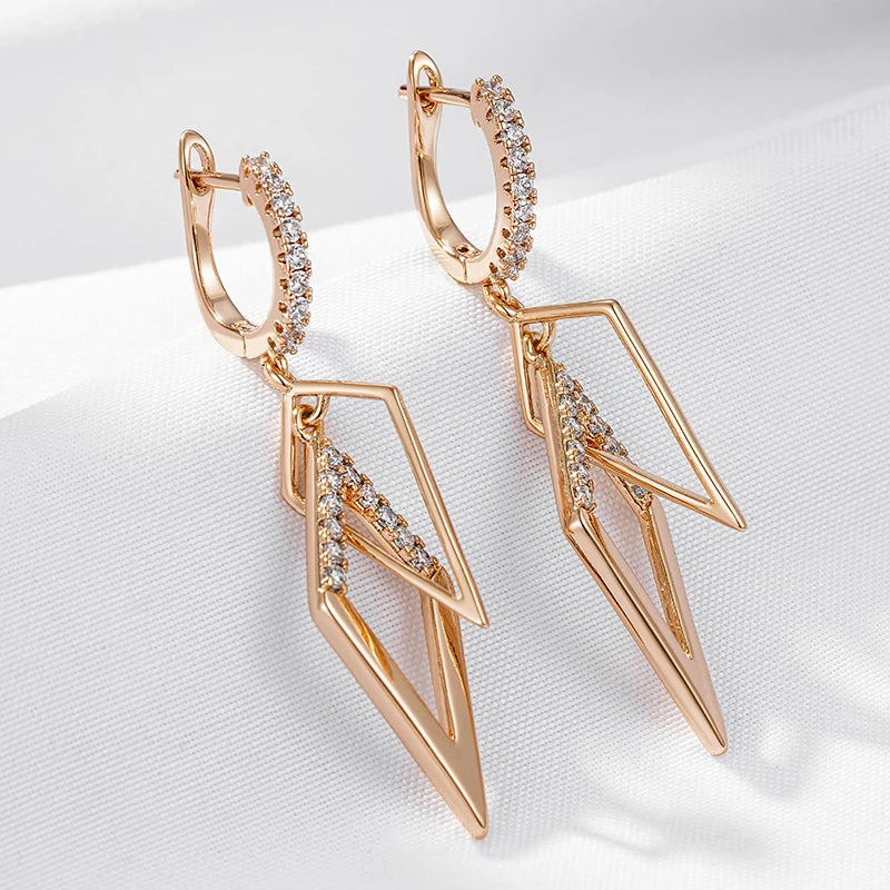 Fashion Glossy Hollow Rhombus Drop Earring for Women Unusual Natural Zircon 585 Rose Gold Color Daily Fine Ethnic Jewelry