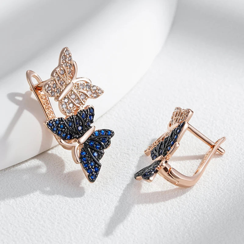 Hot Blue Natural Zircon Two Butterfly Drop Earrings for Women 585 Rose Gold and Black Plating Animal Daily Punk Jewelry
