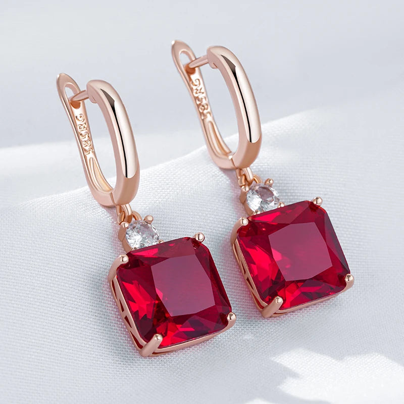 Hot Square Red Natural Zircon Dangle Earrings for Women Trend 585 Rose Gold Color Retro Accessories Daily Fine Jewelry