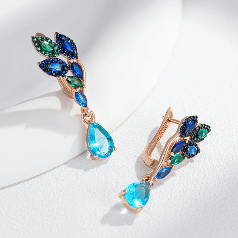 Hot Green Blue Natural Zircon Drop Earrings for Women 585 Rose Gold and Black Plating Crystal Leaf Daily Fine Jewelry