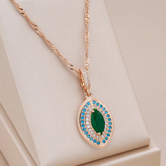 Hot 585 Rose Gold Color Long Pendant Necklace Women Fashion Green with Blue Natural Zircon Wedding Daily Vintage Jewelry
