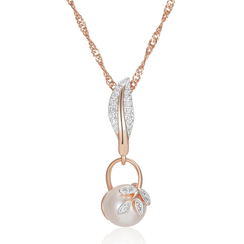 Hot Crystal Flower Pearl Pendant Necklace for Women 585 Rose Gold Silver Color Mix Boho Ethnic Wedding Jewelry Gift