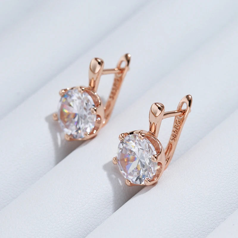 Luxury 585 Rose Gold Color English Earrings for Women Simple Shiny Big Natural Zircon Earrings Bridal Wedding Fine Jewelry