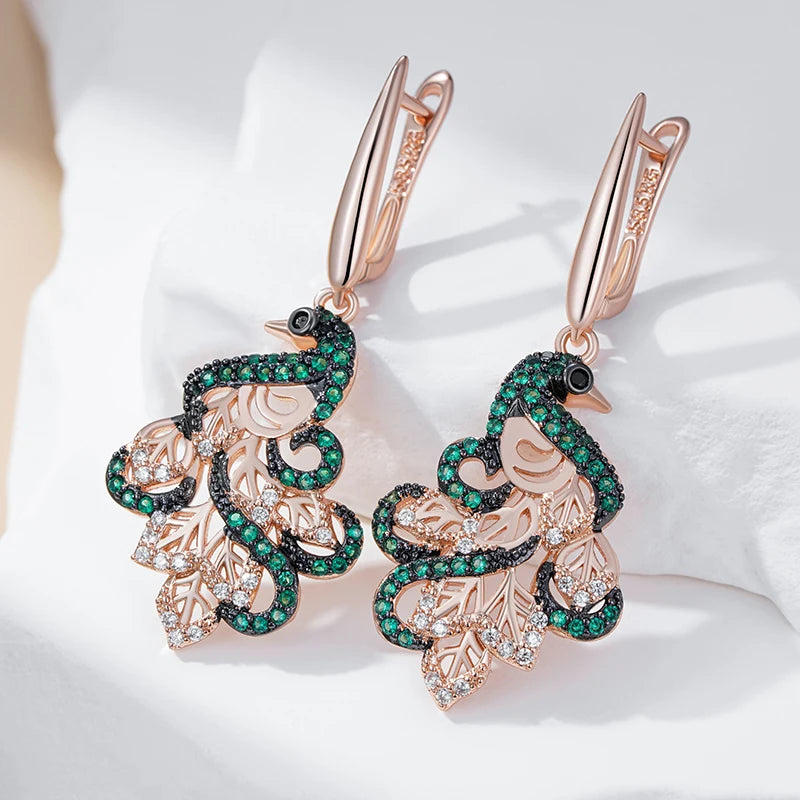 Hot Green Natural Zircon Peacock Drop Earrings for Women 585 Rose Gold and Black Plating Vintage Animal Daily Punk Jewelry
