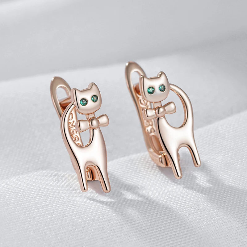 Kitty Cat Earrings for Girls 585 Rose Gold Color Natural Zircon Accessories Children Baby Xmas Gifts Animal Jewelry