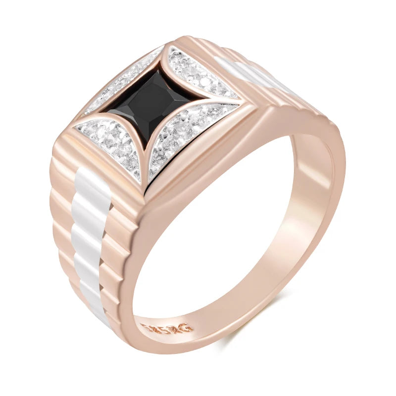 Luxury Black Natural Zircon Width Rings for Men Women 585 Rose Gold Silver Color Mix Setting Design Wedding Fine Jewelry