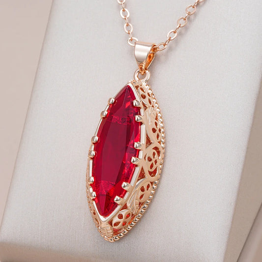Hot 585 Rose Gold Color Ethnic Bride Pendant Necklace Vintage Jewelry Big Rhombus Natural Zircon Fine Pendant for Women