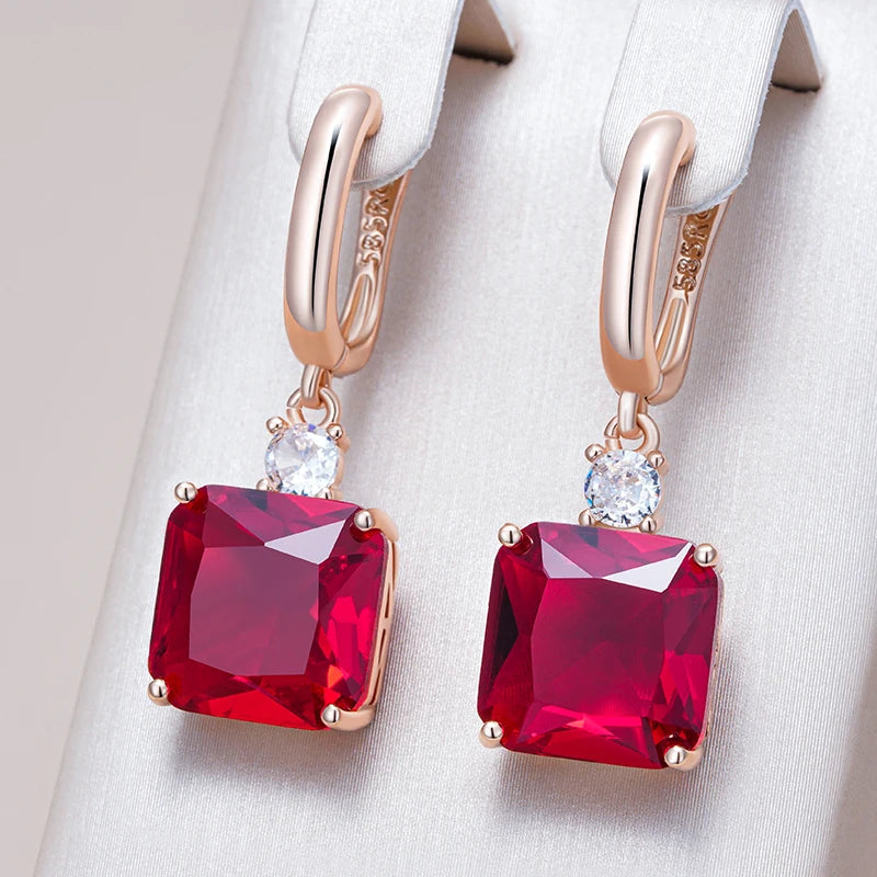 Hot Square Red Natural Zircon Dangle Earrings for Women Trend 585 Rose Gold Color Retro Accessories Daily Fine Jewelry