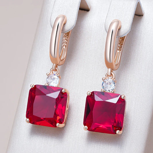 Hot Square Red Natural Zircon Dangle Earrings for Women Trend 585 Rose Gold Color Retro Accessories Daily Fine Jewelry