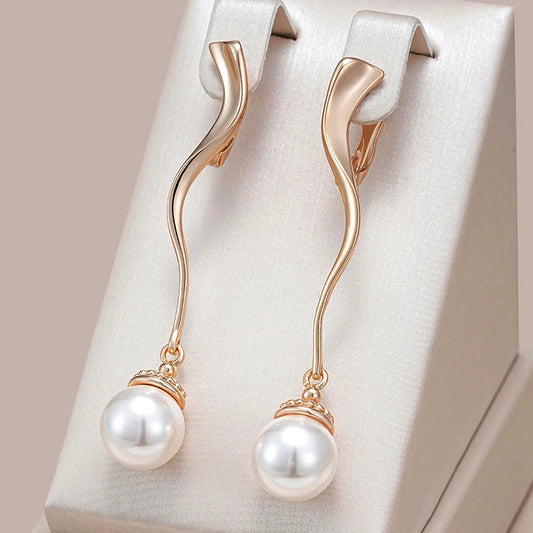Long Wave Pearl Drop Earrings for Women Luxury 585 Rose Gold Color Accessories Party Daily Fine Jewelry