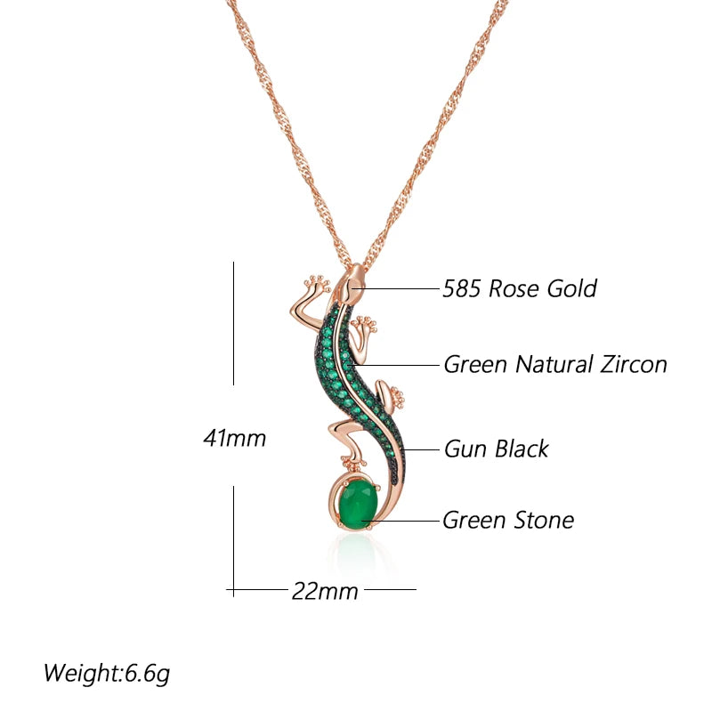 Hot Green Natural Zircon Lizard Pendant Necklace Women 585 Rose Gold and Black Plating Vintage Animal Daily Punk Jewelry