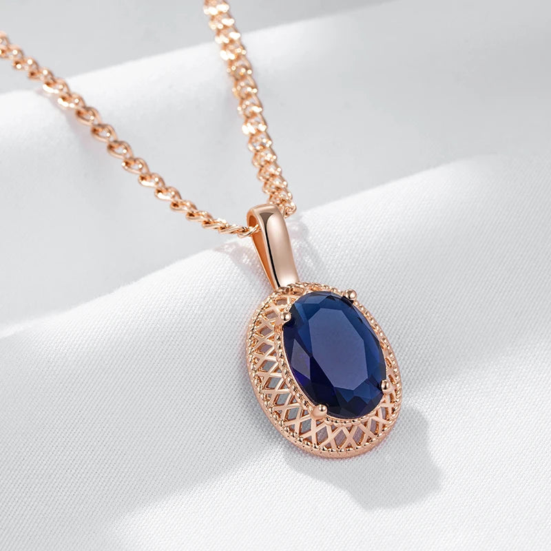 Kienl Hot Oval Blue Natural Zircon Pendant Necklace for Women Trend 585 Rose Gold Color Ethnic Bridal High Quality Daily Jewelry