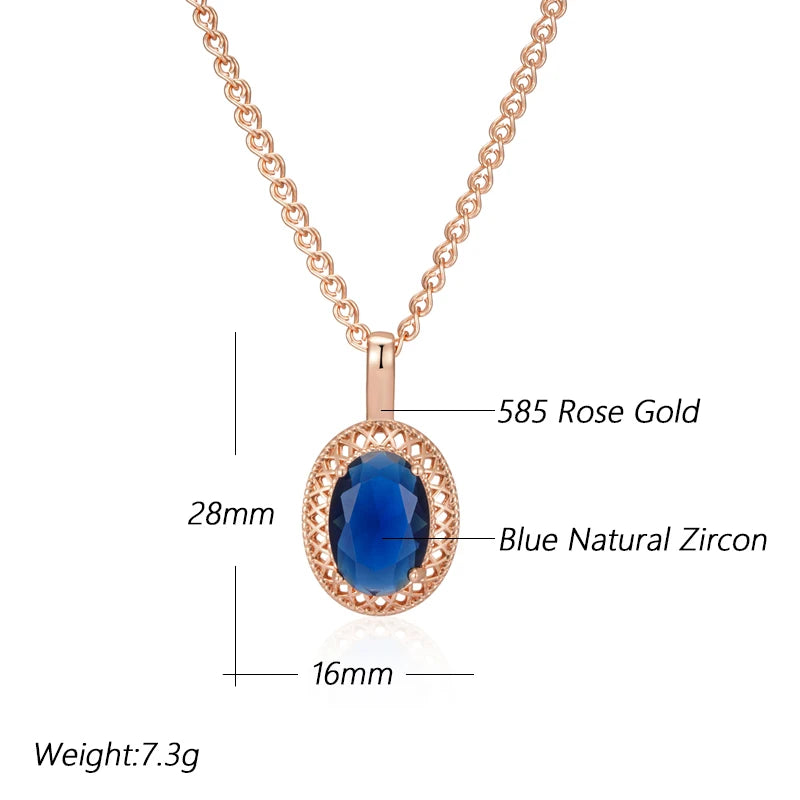 Kienl Hot Oval Blue Natural Zircon Pendant Necklace for Women Trend 585 Rose Gold Color Ethnic Bridal High Quality Daily Jewelry