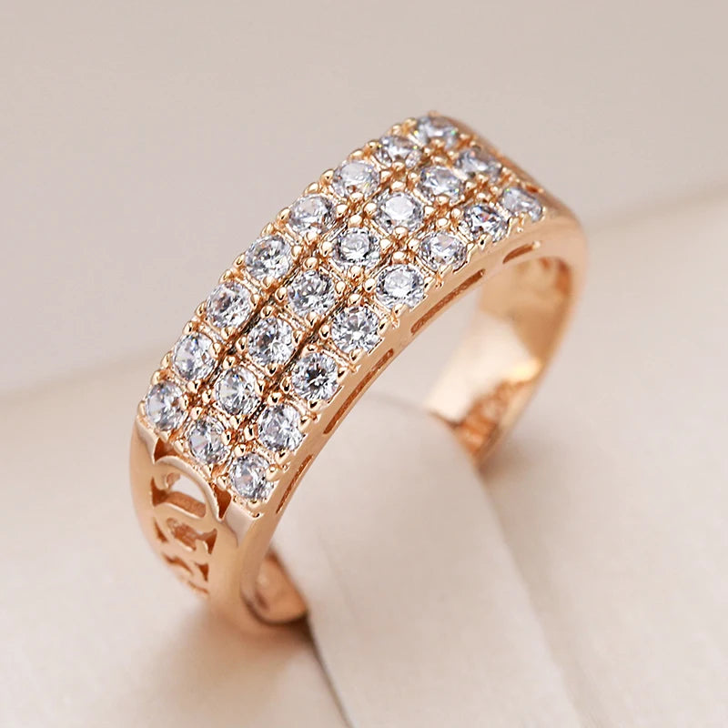 New 585 Rose Gold Ring Women Three Rows Micro-Wax Inlay Natural Zircon Hollow Trendy Rings Fine Wedding Party Jewelry 