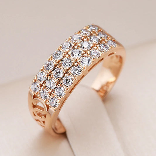 New 585 Rose Gold Ring Women Three Rows Micro-Wax Inlay Natural Zircon Hollow Trendy Rings Fine Wedding Party Jewelry 