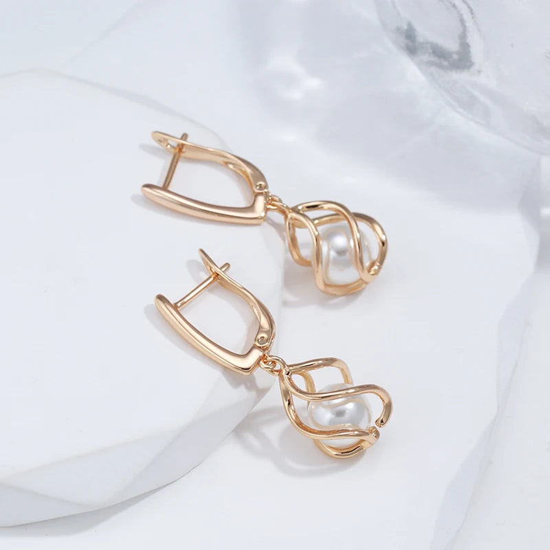 Luxury 585 Rose Gold Drop Earrings for Women Unique Geometric Hollow Pearl Bridal Earrings Wedding Jewelry 2022 New
