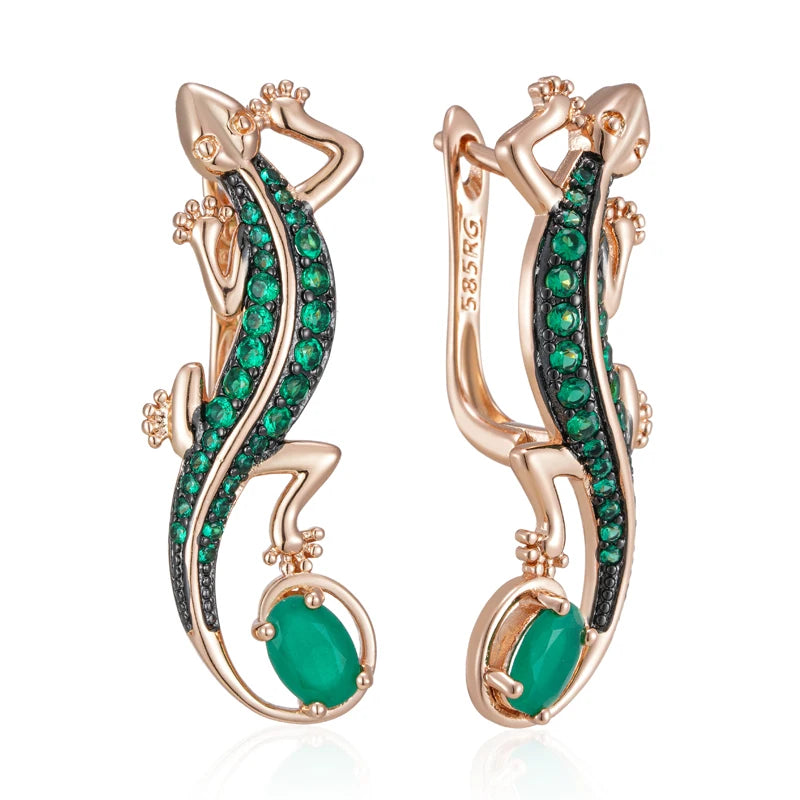 Green Natural Zircon Lizard Drop Earrings for Women 585 Rose Gold and Black Plating Vintage Animal Daily Punk Jewelry