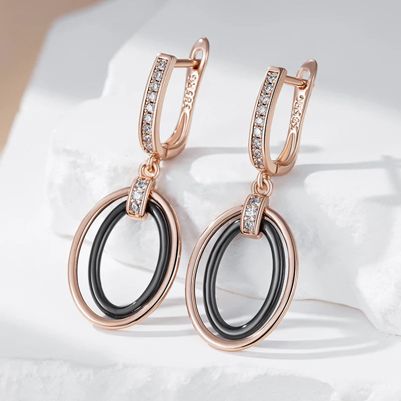 Black Oval Ceramics Long Drop Earrings for Women 585 Rose Gold Color Natural Zircon Accessories Daily Fine Jewelry