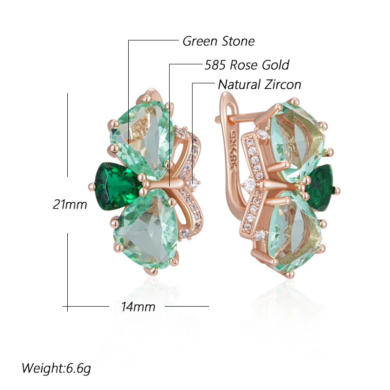 Green Stone Drop Earrings for Women Fashion Rhombus Natural Zircon Accessories 585 Rose Gold Vintage Daily Jewelry