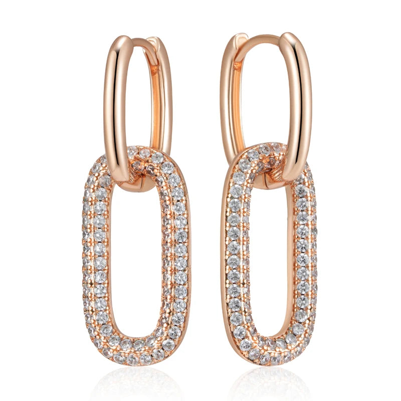 Geometric Oval Rectangle Full Natural Zircon Hoop Earrings for Women 585 Rose Gold Color Daily Fine Elegant Female Jewelry