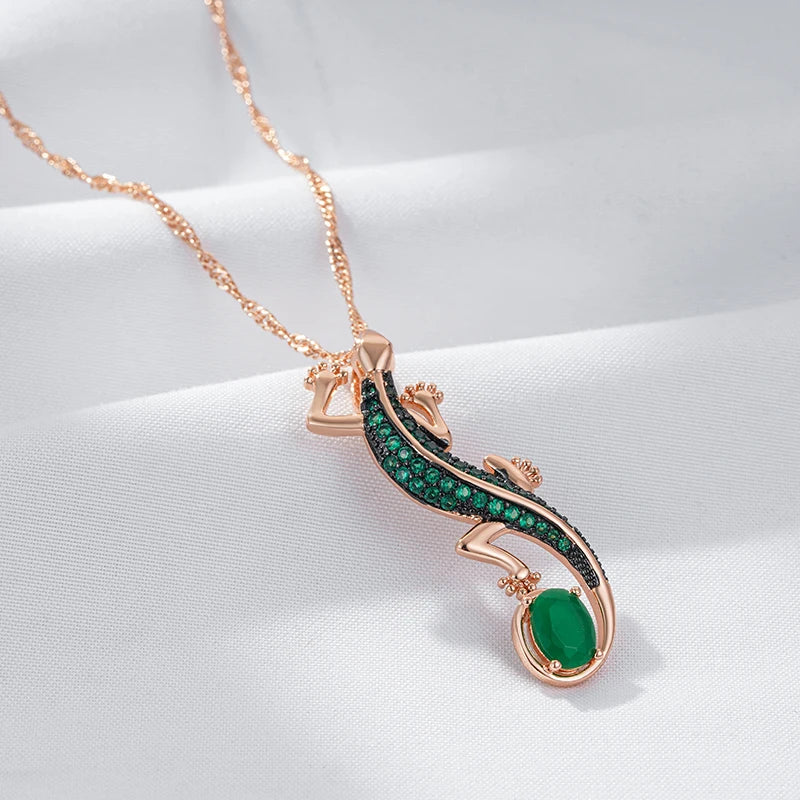 Hot Green Natural Zircon Lizard Pendant Necklace Women 585 Rose Gold and Black Plating Vintage Animal Daily Punk Jewelry