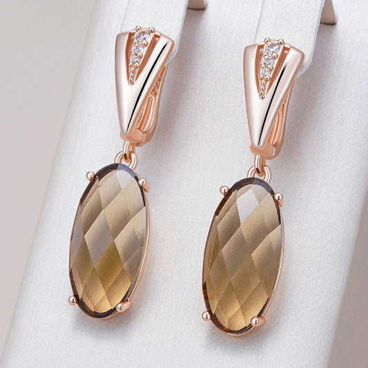 Fashion Big Oval Brown Natural Zircon Dangle Earrings for Women Simple 585 Rose Gold Color Bride Wedding Fine Jewelry