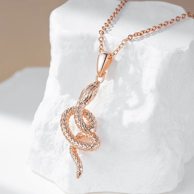 Fashion 585 Rose Gold Snake Pendant Necklace for Women Unique Heavy Metals Punk Rock Accessories Vintage Animal Jewelry