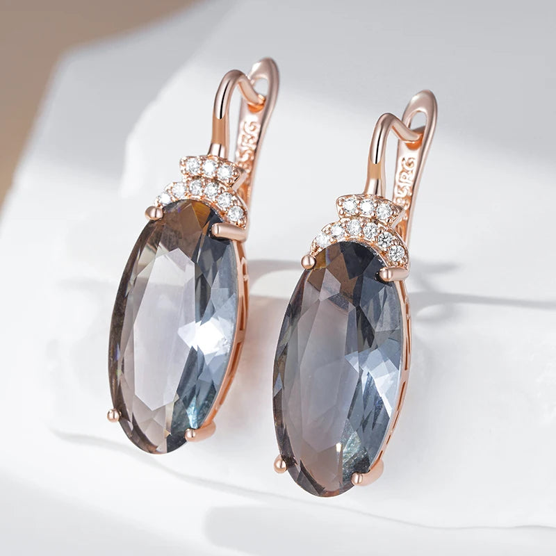 Grey Oval Drop Dangle Earrings for Women 585 Rose Gold Color with Natural Zircon High Quality Daily Fine Jewelry