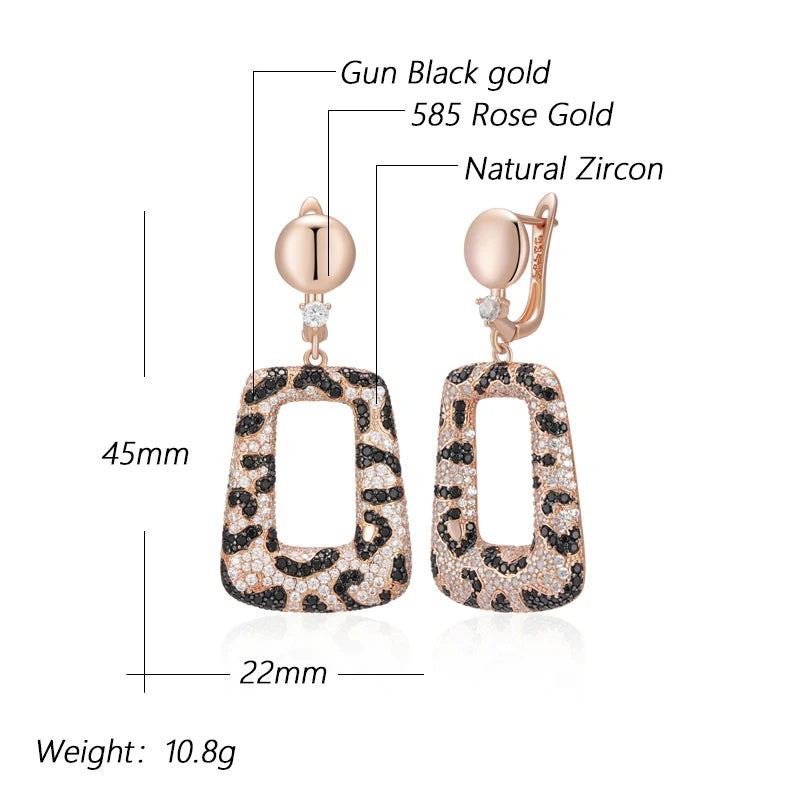 Shiny Natural Zircon Leopard Print Drop Earrings for Women Unique 585 Rose Gold and Black Plating Vintage Daily Jewelry