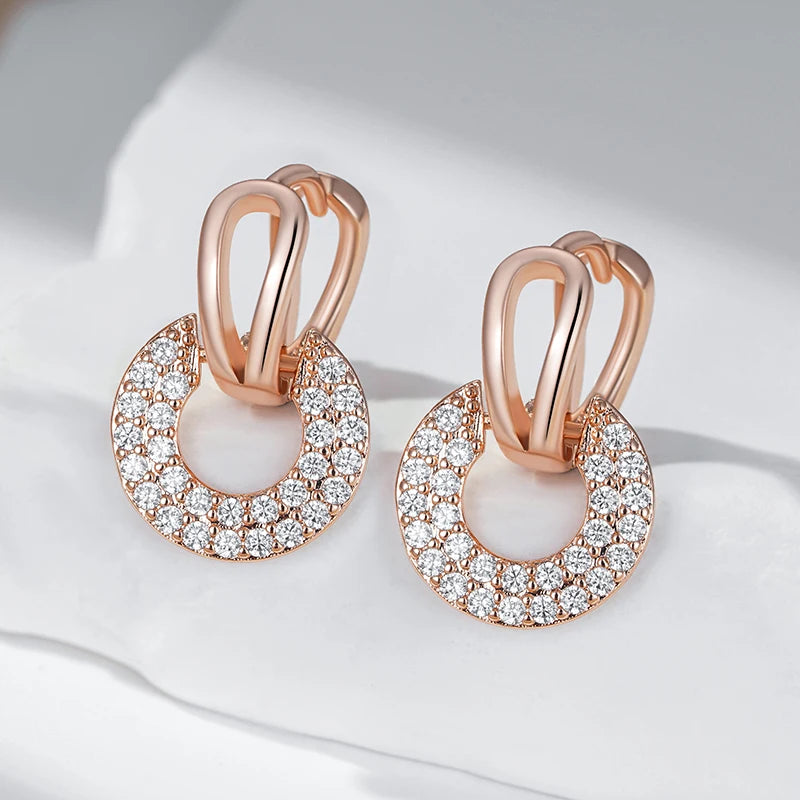 Luxury Full Shiny Natural Zircon Drop Earrings for Women Unique Design 585 Rose Gold Color Bride Wedding Jewelry Best Gift