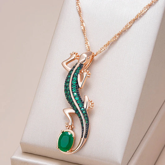 Hot Green Natural Zircon Lizard Pendant Necklace Women 585 Rose Gold and Black Plating Vintage Animal Daily Punk Jewelry